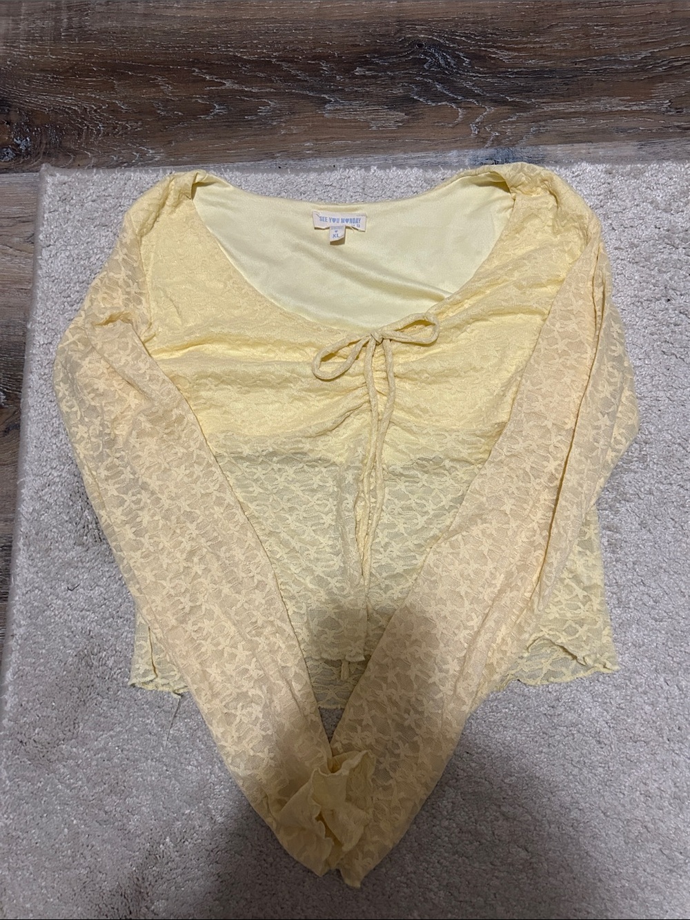 See You Monday Lace Tie-Front Blouse in Pale Yellow